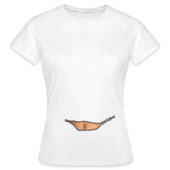 Navel piercing behind open zipper - Women's T-Shirt - white - Front - AI Model Female 172 dark (172cm)