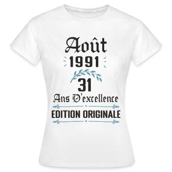 31 ans anniversaire aout 1991 - T-shirt Femme - blanc - Devant - AI Model Female 172 dark (172cm)