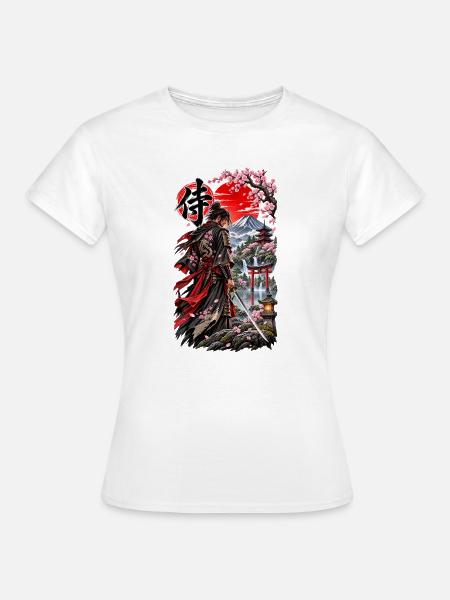 Samurai am Fuji mit Kirschblüten - Frauen T-Shirt - Weiß