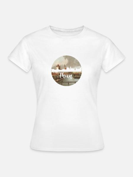 thun,skyline,retro, scherenschnitt,blau,schweiz - Frauen T-Shirt - Weiß