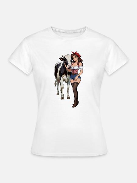 Pinup-Bauernfrau mit Kuh - Frauen T-Shirt - Weiß