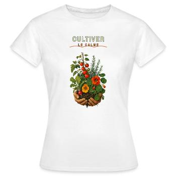 Cultiver le Calme: Jardinage en mains - T-shirt Femme - blanc - Devant - AI Model Female 172 dark (172cm)