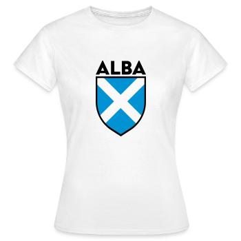 Alba Saltire Flaggenschild (Schwarzer Umriss) - Frauen T-Shirt - Weiß - Vorne - AI Model Female 172 dark (172cm)