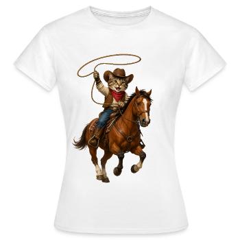 Chat cowboy en course à cheval - T-shirt Femme - blanc - Devant - AI Model Female 172 dark (172cm)