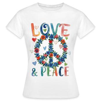 Enseigne florale Love and Peace en style aquarelle - T-shirt Femme - blanc - Devant - AI Model Female 172 dark (172cm)