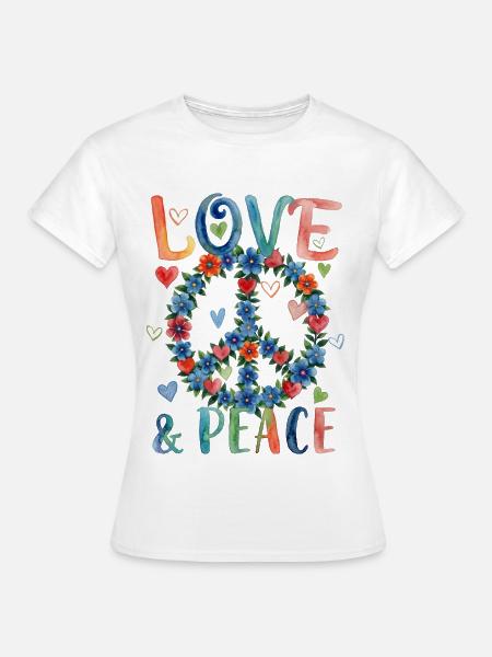Enseigne florale Love and Peace en style aquarelle - T-shirt Femme - blanc