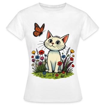 Chat blanc avec papillon sur la prairie fleurie - T-shirt Femme - blanc - Devant - AI Model Female 172 dark (172cm)