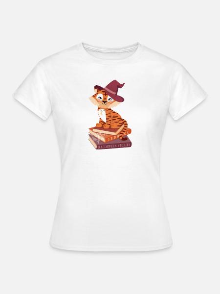 Tiger auf Halloween-Bücherstapel - Frauen T-Shirt - Weiß