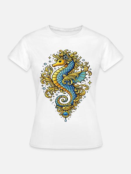 Blau-Gold-Barock-Seepferdchen – Marine-Illustration - Frauen T-Shirt - Weiß