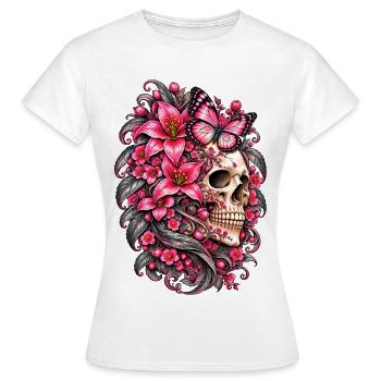 Totenkopffrau, Schädel, Schmetterlingsblüten, rosa Lilien - Frauen T-Shirt - Weiß - Vorne - AI Model Female 172 dark (172cm)
