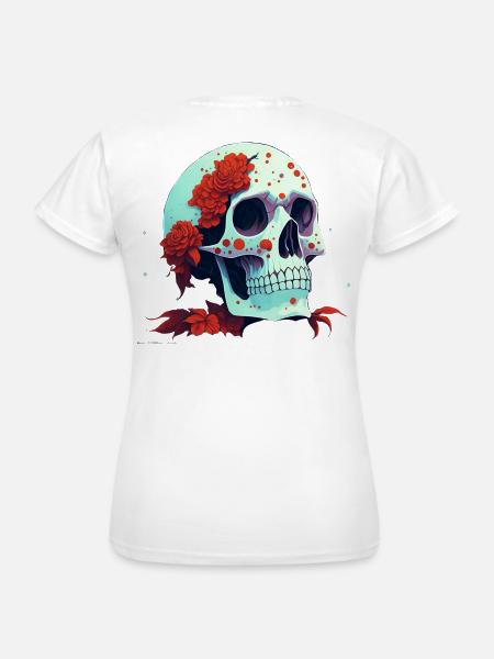 Schädel mit roten Blumen - Frauen T-Shirt - Weiß