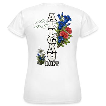 Allgäu ruft – Berge, Blumen und Heimatliebe - Frauen T-Shirt - Weiß - Hinten - AI Model Female 172 dark (172cm)