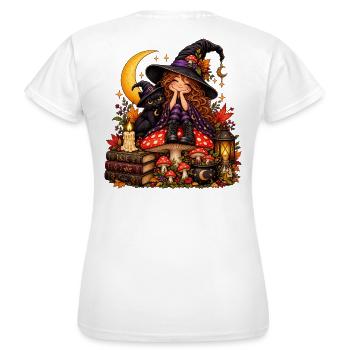 Niedliche Hexe mit schwarzer Katze - Frauen T-Shirt - Weiß - Hinten - AI Model Female 172 dark (172cm)
