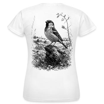 Un joli moineau dessiné artistiquement sur un tronc d’arbre - T-shirt Femme - blanc - Dos - AI Model Female 172 dark (172cm)