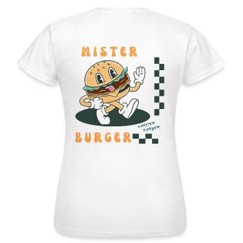 T- shirt Mister burger rétro logo - T-shirt Femme - blanc - Dos - AI Model Female 172 dark (172cm)