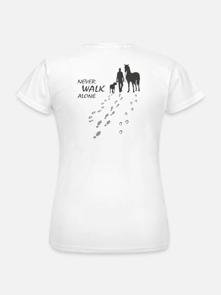 Never walk alone - Hund Pferd Reiter, Backprint - Frauen T-Shirt - Weiß