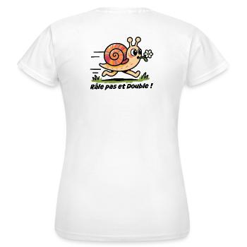 Autoaufkleber, Wohnwagen Rail Step und Double - Frauen T-Shirt - Weiß - Hinten - AI Model Female 172 dark (172cm)