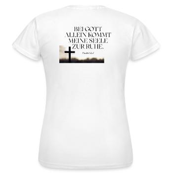 Ruhe der Seele im Kreuz - Frauen T-Shirt - Weiß - Hinten - AI Model Female 172 dark (172cm)