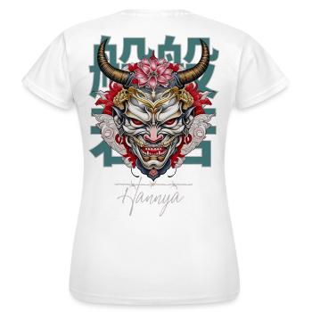 Japanese Hannya Mask: Lotus & Horns - Frauen T-Shirt - Weiß - Hinten - AI Model Female 172 dark (172cm)