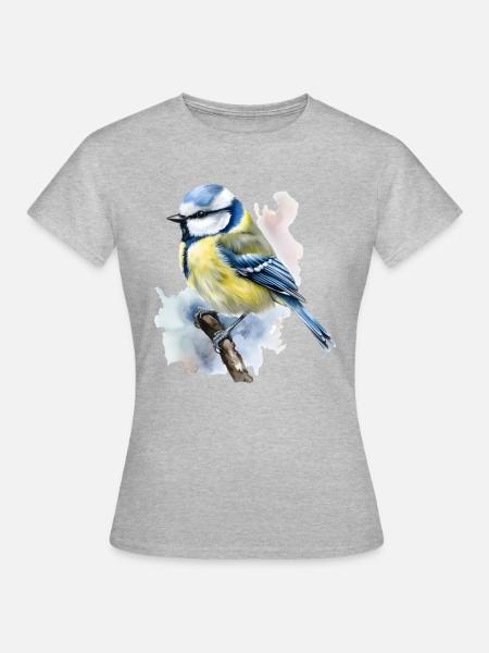 Blaumeise Vogel Wald Tier auf Ast in Wasserfarben - Frauen T-Shirt - Grau meliert