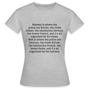 Paradis et enfer, professions et nationalités - T-shirt Femme - gris chiné - Devant - AI Model Female 172 dark (172cm)