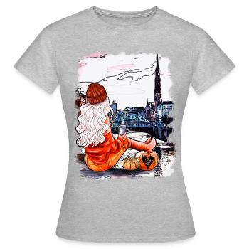 Hamburger Frau blond Skyline Illustration - Frauen T-Shirt - Grau meliert - Vorne - AI Model Female 172 dark (172cm)