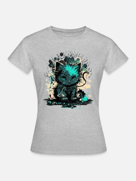 Cyber Cat Illustration - Frauen T-Shirt - Grau meliert