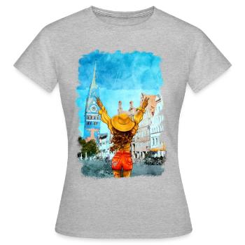 Lüneburg Illustration Frau Altstadt - Frauen T-Shirt - Grau meliert - Vorne - AI Model Female 172 dark (172cm)