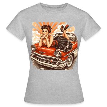 Rockabilly Pin-Up Girl auf Oldtimer Motorhaube - Frauen T-Shirt - Grau meliert - Vorne - AI Model Female 172 dark (172cm)