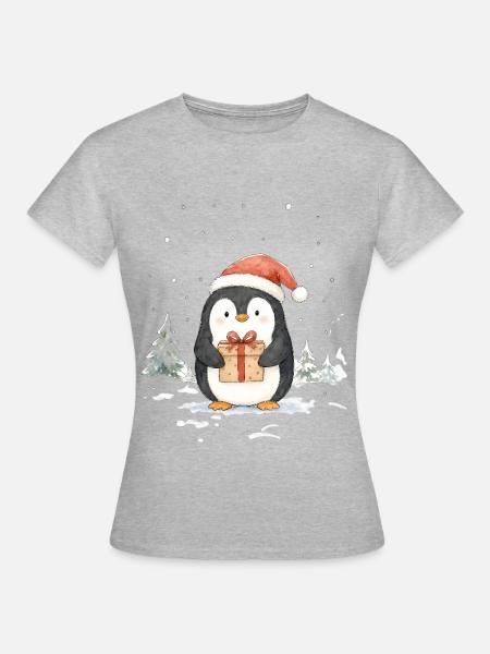 Süßer Weihnachtspinguin mit Geschenk - Frauen T-Shirt - Grau meliert