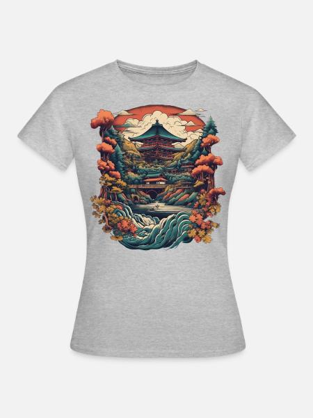 Herbstpagode: Friedliche japanische Landschaft - Frauen T-Shirt - Grau meliert
