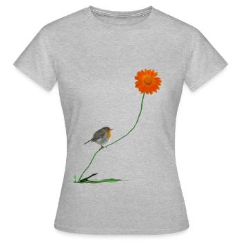 Rotkehlchen mit Blume - Frauen T-Shirt - Grau meliert - Vorne - AI Model Female 172 dark (172cm)