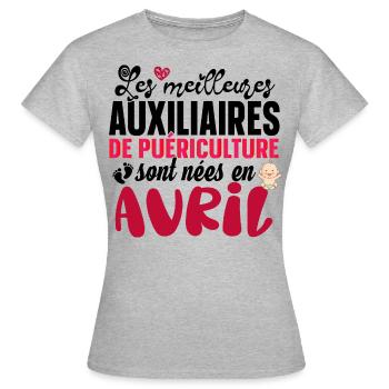 Auxiliaire Puériculture Puéricultrice Avril Métier - T-shirt Femme - gris chiné - Devant - AI Model Female 172 dark (172cm)