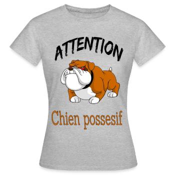 Attention chien possessif - phrase drôle chien - T-shirt Femme - gris chiné - Devant - AI Model Female 172 dark (172cm)