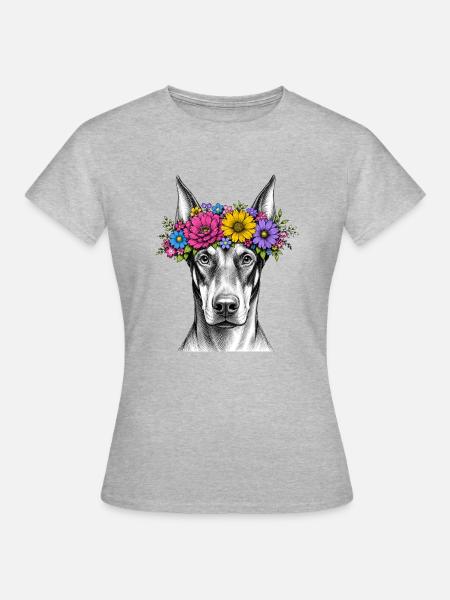 Hund mit Blumenkrone - Frauen T-Shirt - Grau meliert