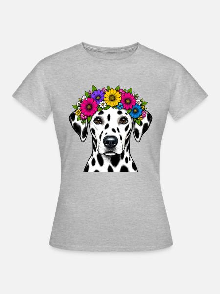 Dalmatiner mit Blumenkrone - Frauen T-Shirt - Grau meliert