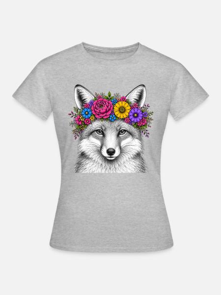 Fuchskopf mit Blumenkranz - Frauen T-Shirt - Grau meliert