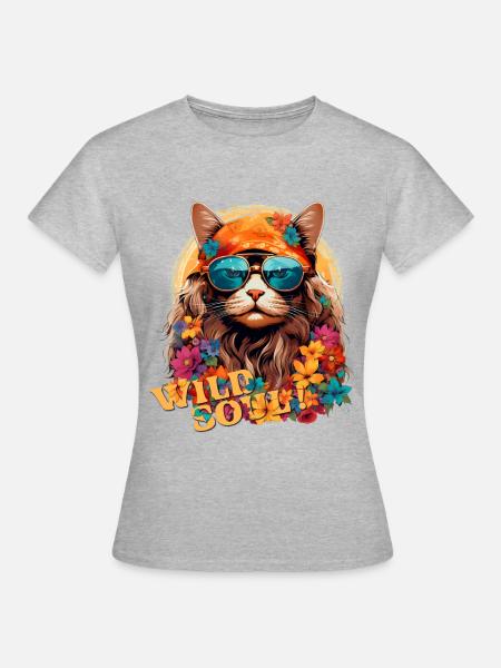 Hippie-Kätzchen mit Bandana und Alma Salvaje-Brille - Frauen T-Shirt - Grau meliert
