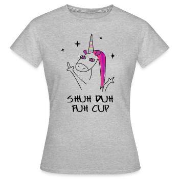 Einhorn Shut Fuck Up witzig provokantes Geschenk - Frauen T-Shirt - Grau meliert - Vorne - AI Model Female 172 dark (172cm)