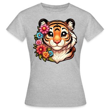 Tiger Weibchen mit Blumen - Frauen T-Shirt - Grau meliert - Vorne - AI Model Female 172 dark (172cm)