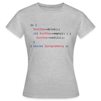 Code Coffee Refill Programming PHP - T-shirt Femme - gris chiné - Devant - AI Model Female 172 dark (172cm)