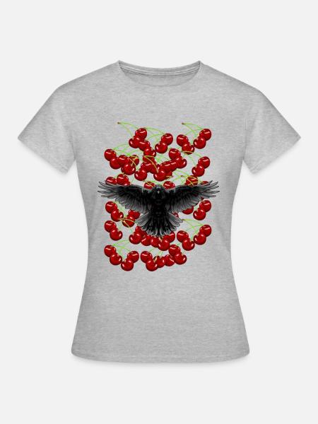 80er 90er Vögel Krähe Kirschen Raben Retro - Frauen T-Shirt - Grau meliert