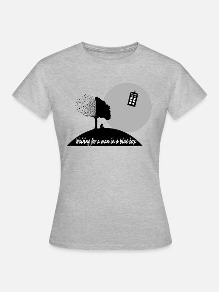 WAITING FOR A MAN IN A BLUE BOX - Frauen T-Shirt - Grau meliert