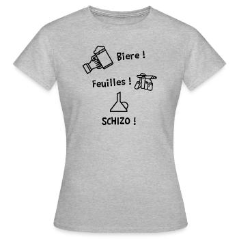 BIÈRE, FEUILLES, SCHIZO !(chifoumi,pierre,ciseaux) - T-shirt Femme - gris chiné - Devant - AI Model Female 172 dark (172cm)