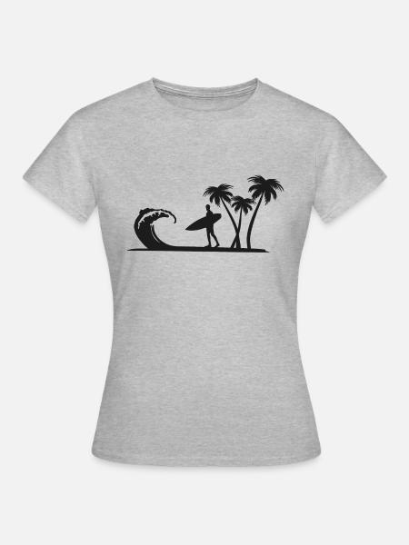 Strand mit Surfer - Frauen T-Shirt - Grau meliert