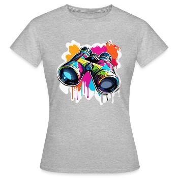 Fernglas / Beobachtung / Observation / Abenteuer - Frauen T-Shirt - Grau meliert - Vorne - AI Model Female 172 dark (172cm)