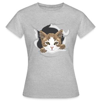 Glückliche Katze späht durch zerrissenes Papier - Frauen T-Shirt - Grau meliert - Vorne - AI Model Female 172 dark (172cm)