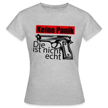 Keine Panik ! Die ist nicht echt. - Knarre - Gun - Frauen T-Shirt - Grau meliert - Vorne - AI Model Female 172 dark (172cm)