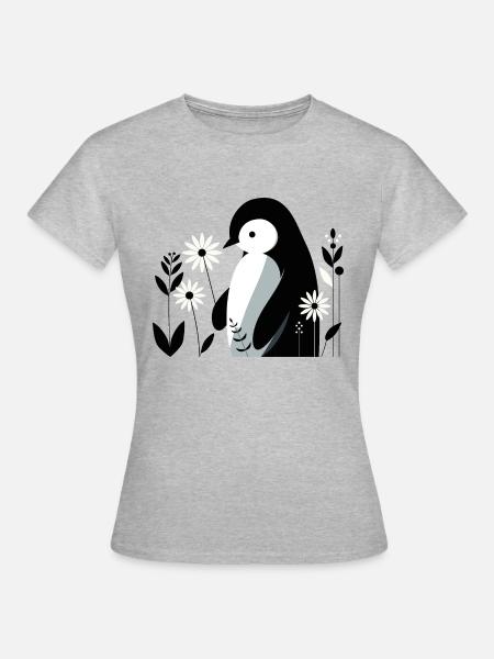 Pinguin mit Blumen - Frauen T-Shirt - Grau meliert