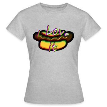 J’adore Bratwurst - J’aime la saucisse - J’adore le hot-dog - T-shirt Femme - gris chiné - Devant - AI Model Female 172 dark (172cm)